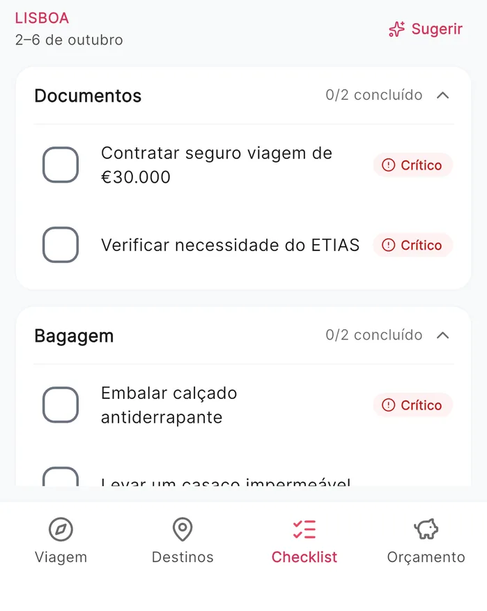 Checklist de Lisboa com itens críticos: seguro viagem e ETIAS