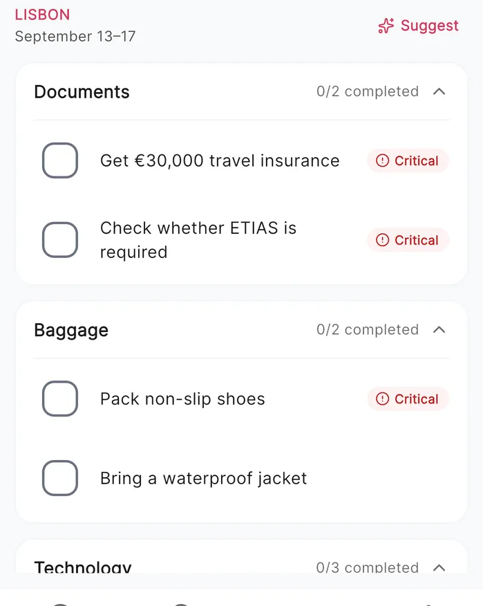 Lisbon checklist with critical items: travel insurance and ETIAS